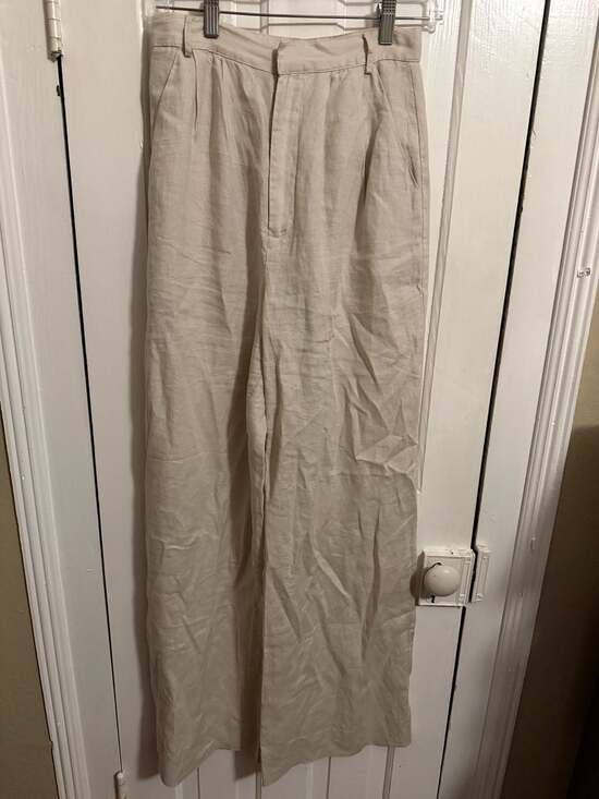 Sundays by We Are Sundays Pants - Sundays by We Are Sundays Beige 100% Linen Pleated Wide-Leg Pants XS